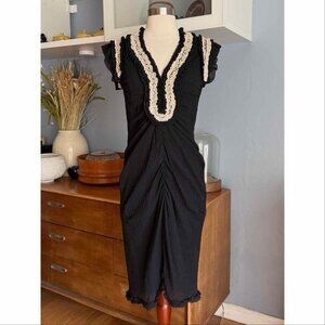 Vtg Y2K Yoana Baraschi  Ruched Midi Dress Black Ivory Lace Ruffles Regencycore S